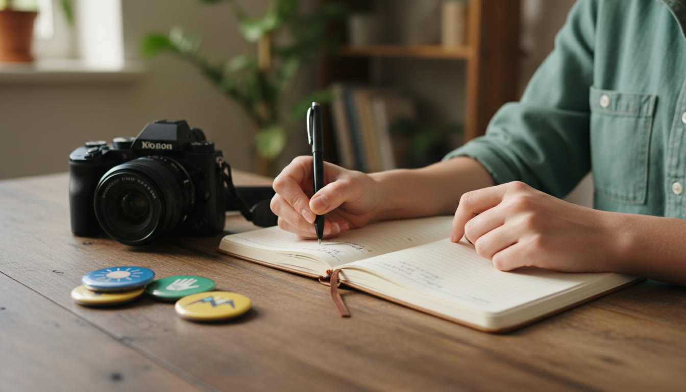 Photo Idea : Close-up of hands writing in a CAS reflection journal beside a camera and volunteer badges