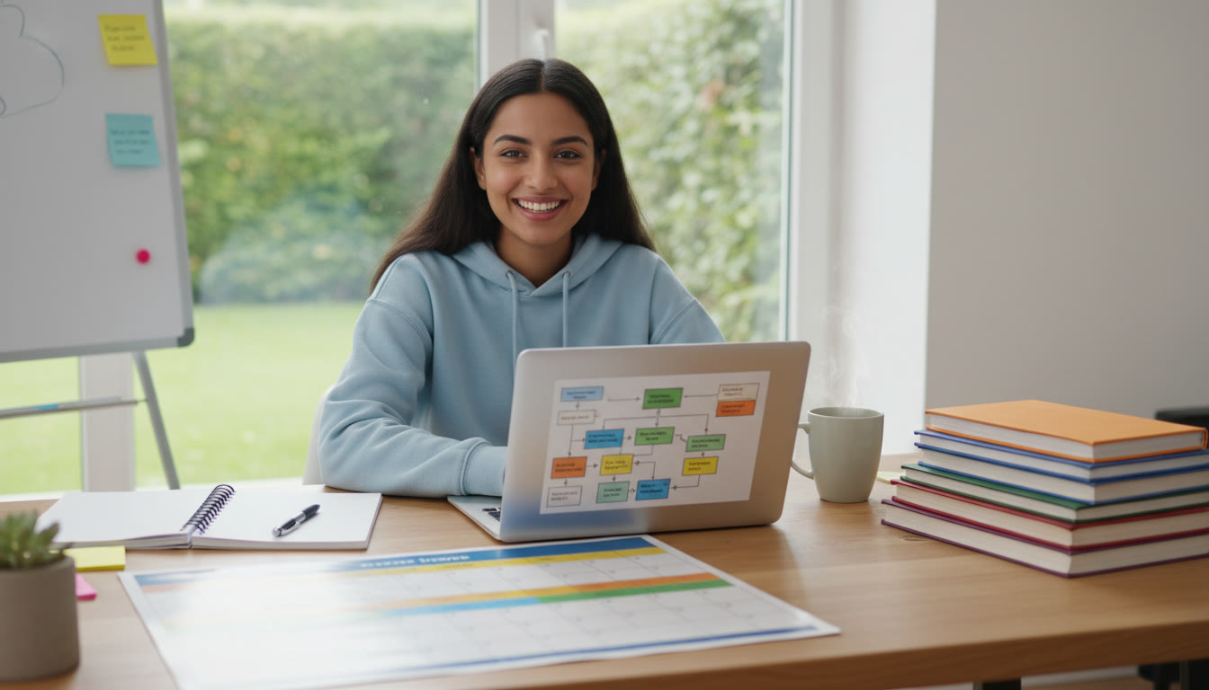 Photo Idea : Student at a desk with a colour-coded calendar, textbooks, laptop open to notes