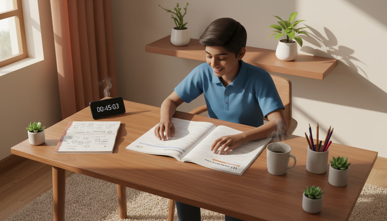 Photo Idea : Student at a desk with open mock test, timer on phone, and an error-log notebook