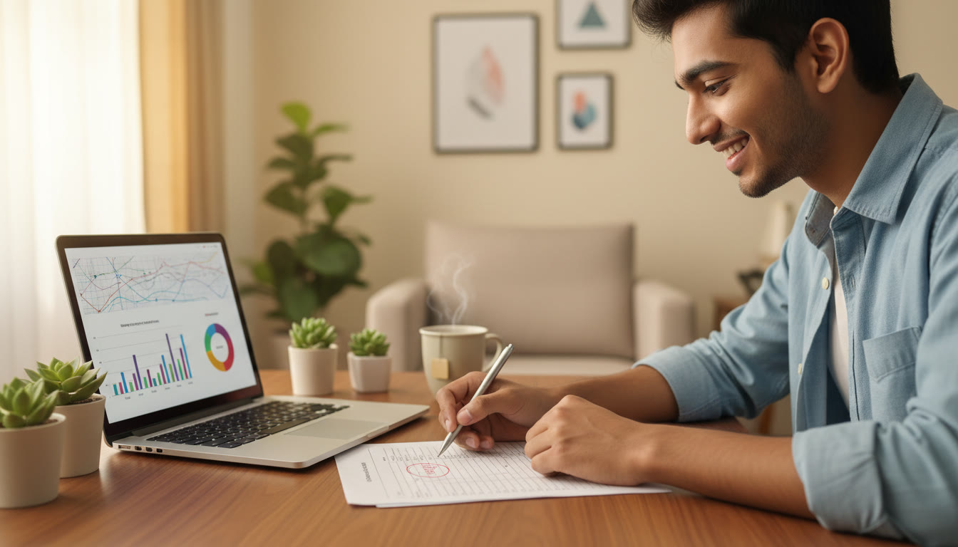 Photo Idea : close-up of a student analyzing marked questions on paper with a laptop showing a performance dashboard
