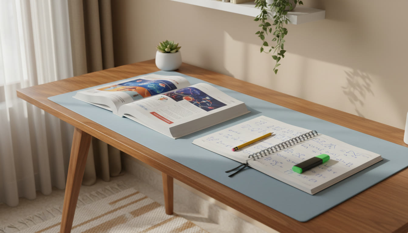 Photo Idea : A tidy study desk with a board-prescribed textbook open, a notebook with neat notes, a pencil, and a highlighter