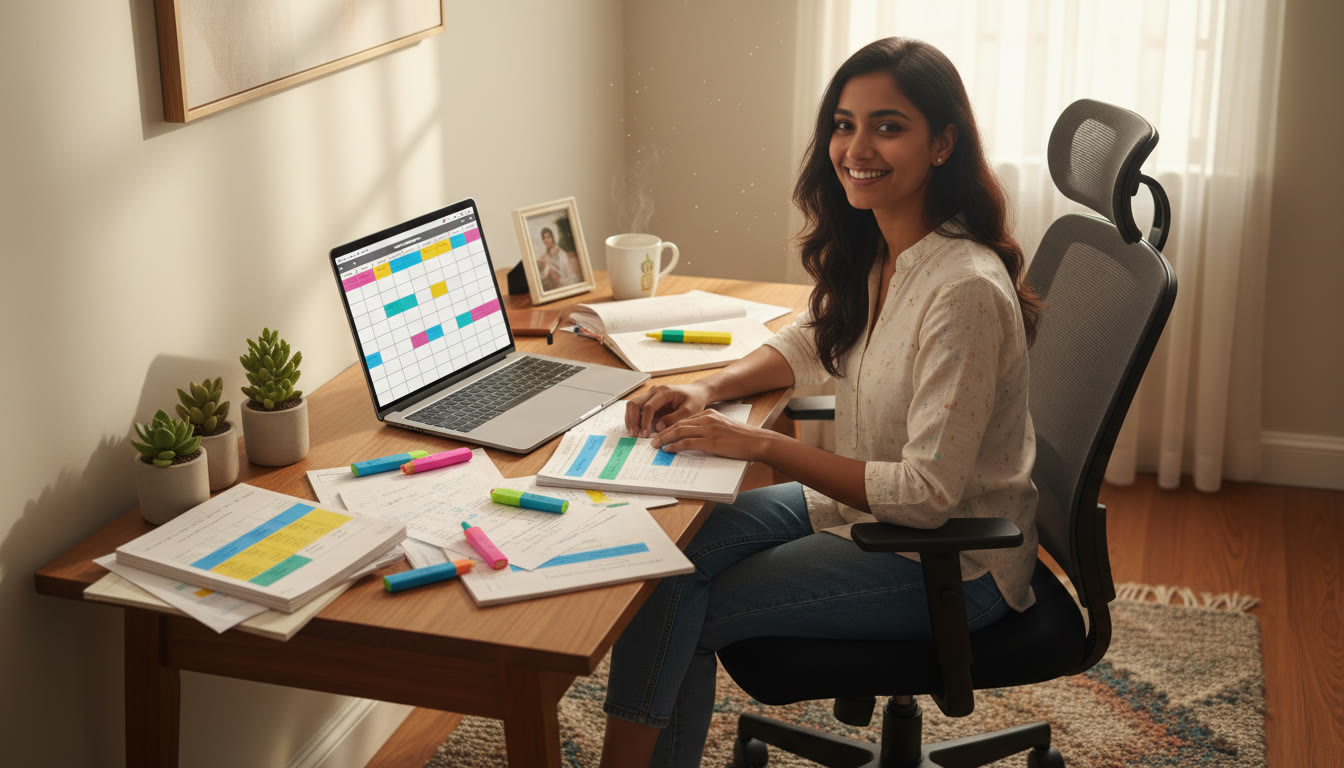 Photo Idea : Student at a tidy desk with color-coded notes and a visible weekly study planner on a laptop screen