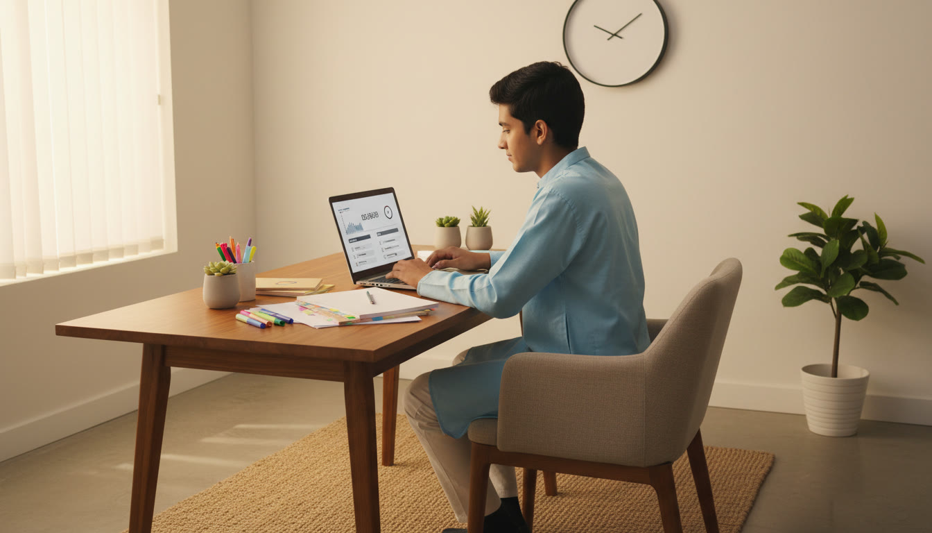 Photo Idea : a focused student at a desk with a laptop showing a mock test timer and notes neatly arranged