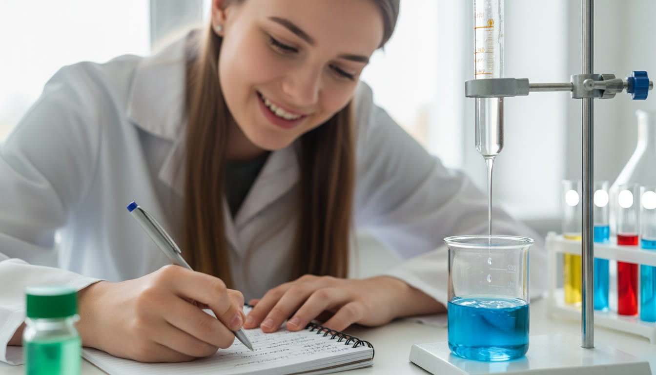 Photo Idea : Close-up of a student writing in a lab notebook with a burette and beaker nearby