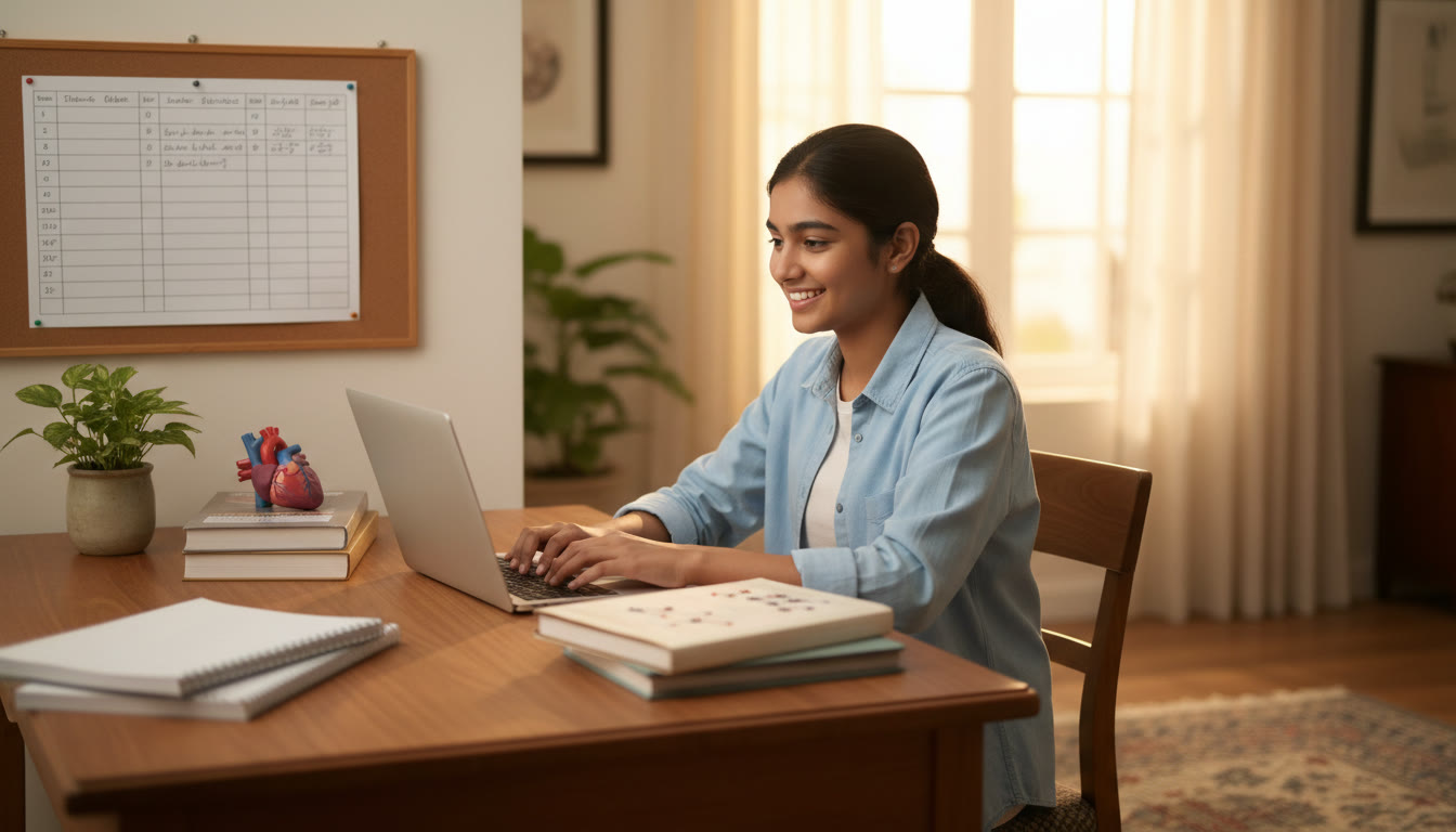 Photo Idea : A focused CBSE student sitting at a desk with Physics, Chemistry, Biology books, a timetable, and a laptop open to practice MCQs
