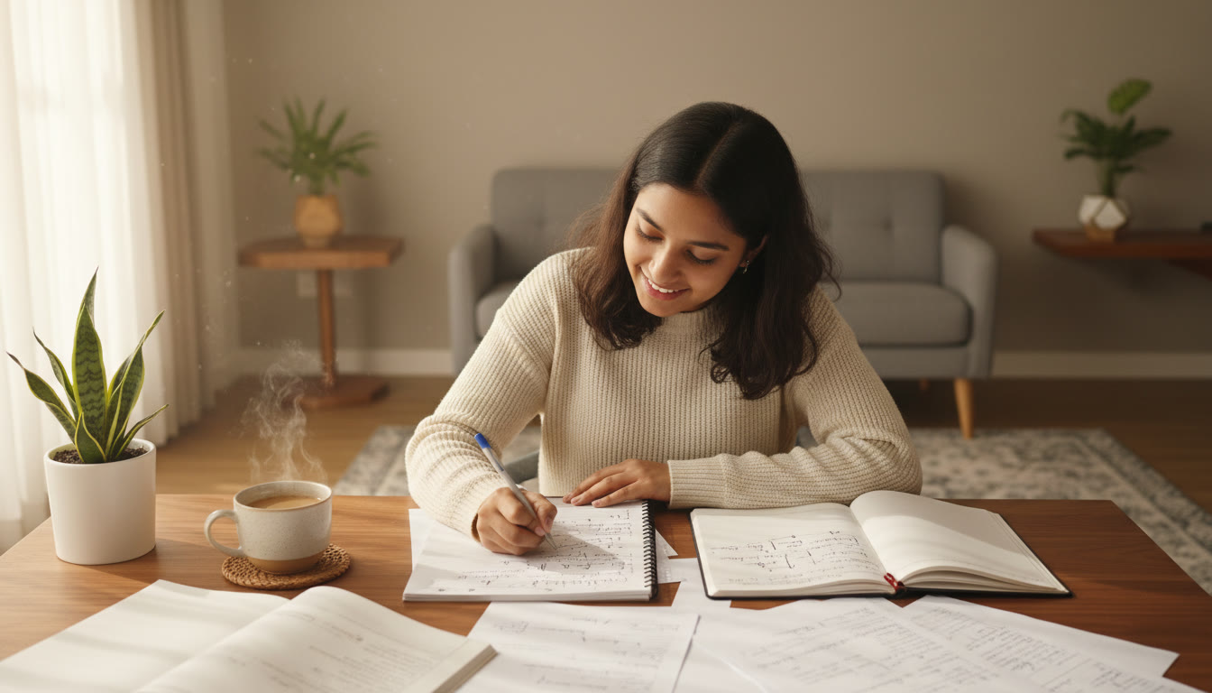 Photo Idea : A student writing a long-form essay at a desk, with annotated notes and a cup of tea nearby