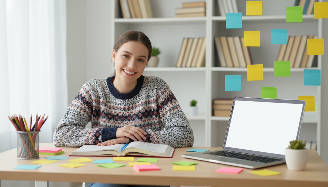 Photo Idea : Student at a tidy desk surrounded by coloured sticky notes labelled