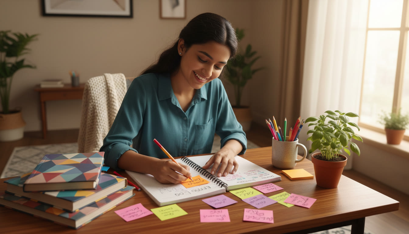 Photo Idea : a student annotating an error log book with coloured pens and sticky notes