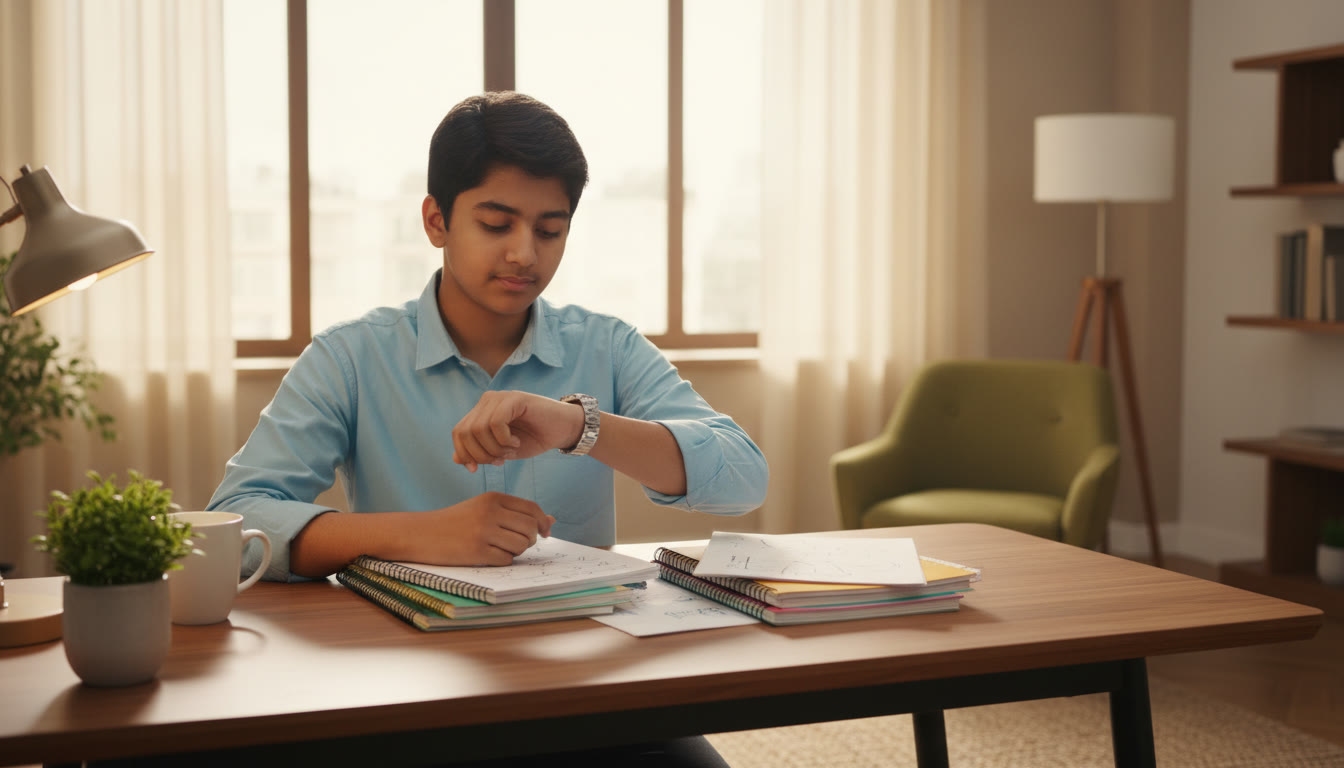 Photo Idea : A student calmly checking a watch during a timed mock exam with notes neatly organized nearby