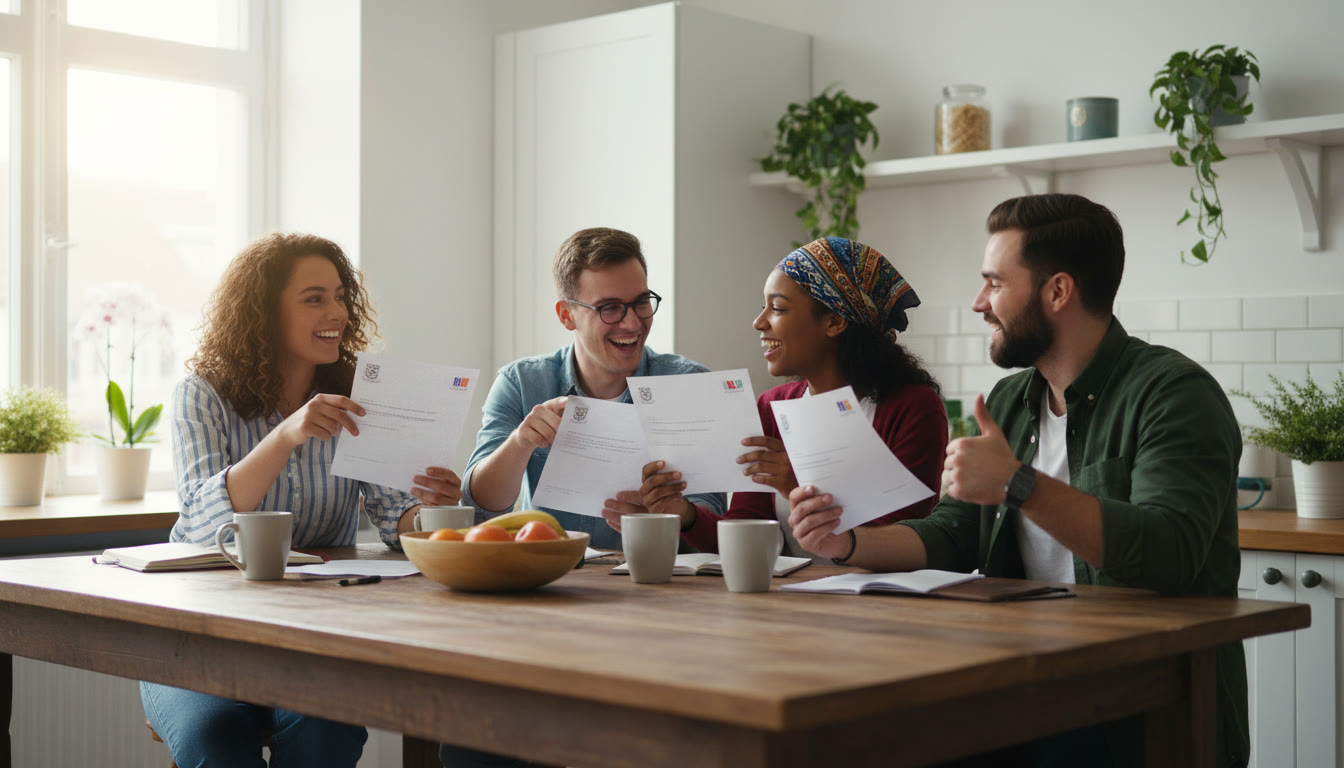 Photo Idea : A small group of students comparing university offer letters around a kitchen table