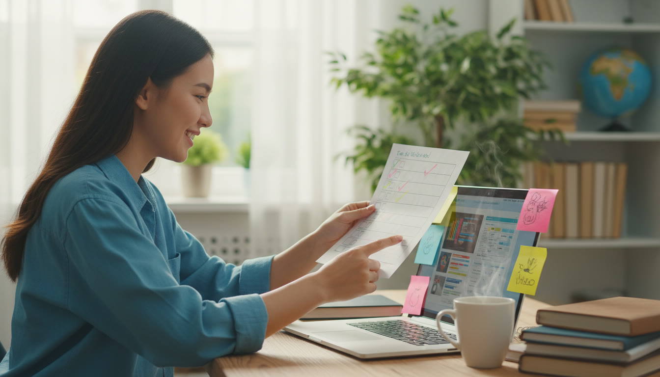 Photo Idea : A student at a desk checking a printed application checklist with laptop, sticky notes, and a cup of coffee