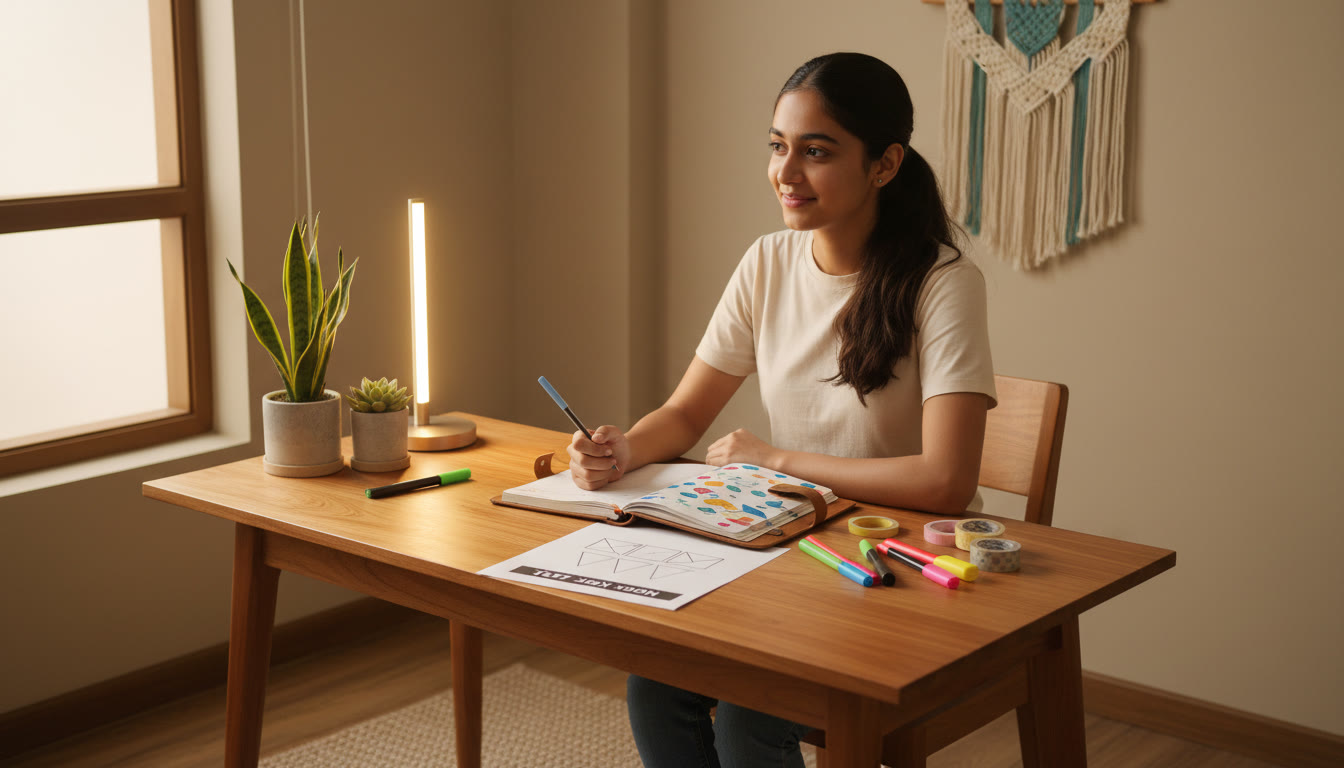 Photo Idea : A student at a desk with a neat planner, stationery, and a mock test paper, looking focused