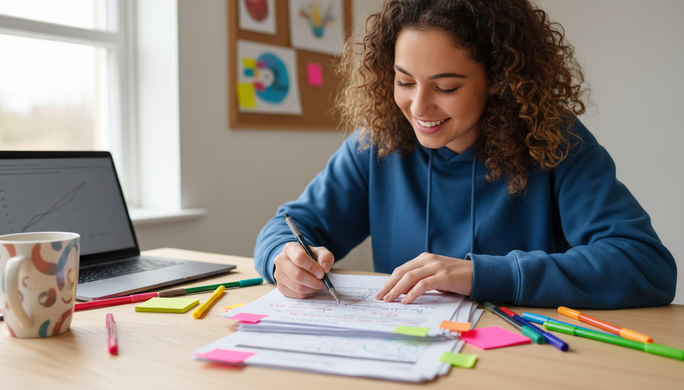 Photo Idea : student annotating a printed markscheme with colored pens and sticky notes