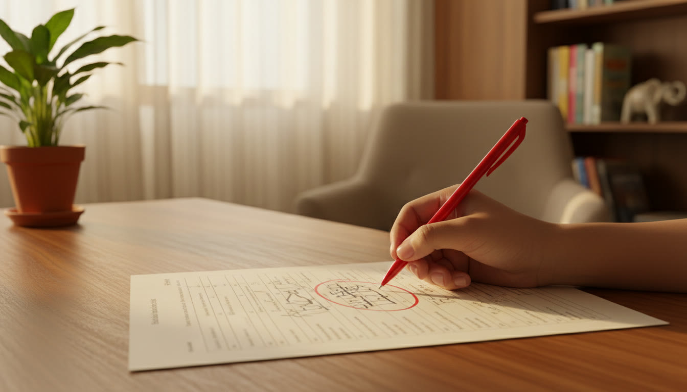 Photo Idea : Close-up of a hand annotating a question paper with a red pen, circling key words