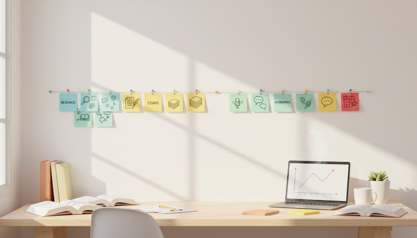 Photo Idea : A neat timeline on a wall or desk with sticky notes for research, essays, interviews, and submission dates