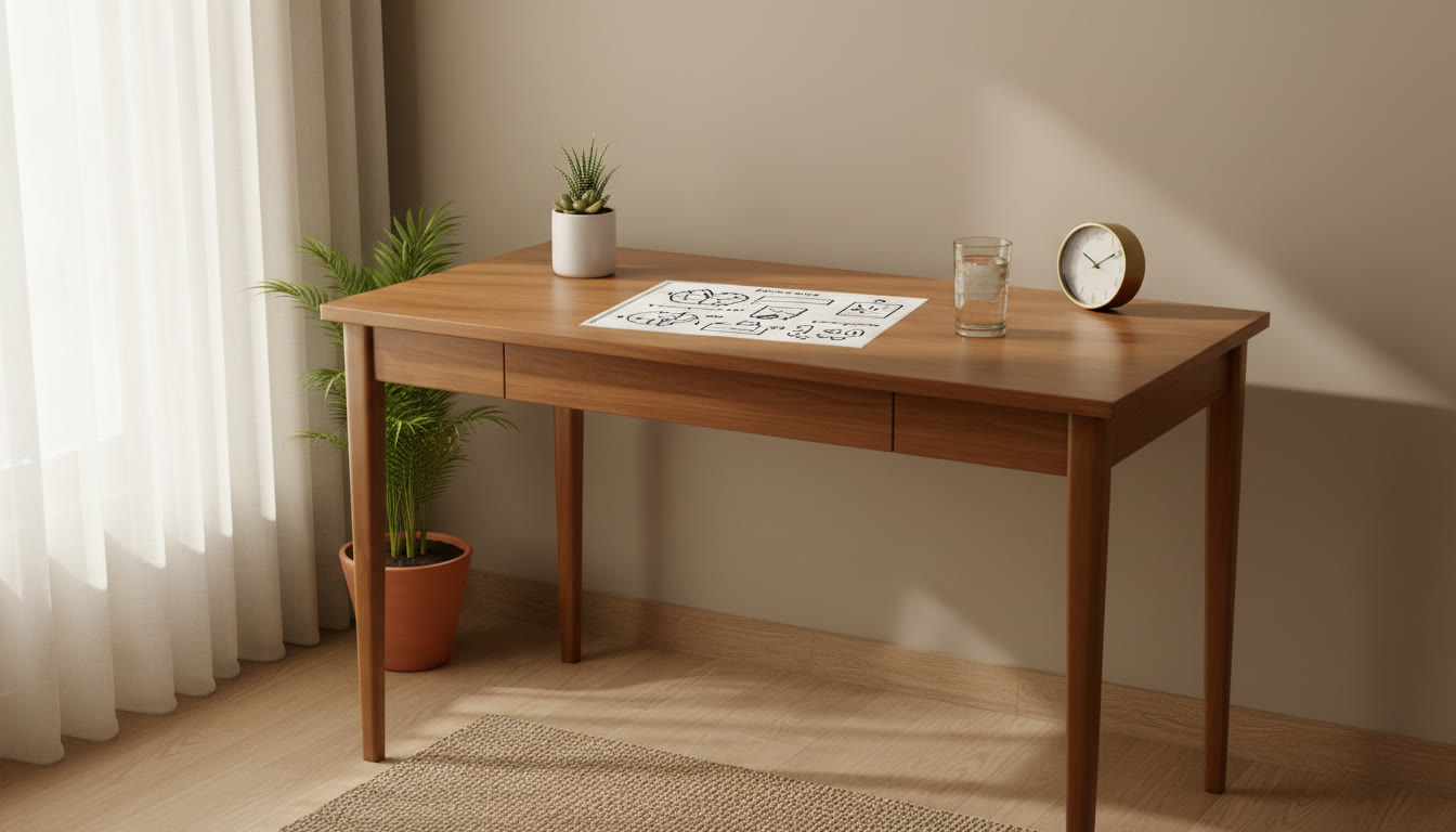 Photo Idea : A neat study corner with a one-page revision sheet, a glass of water and a small clock