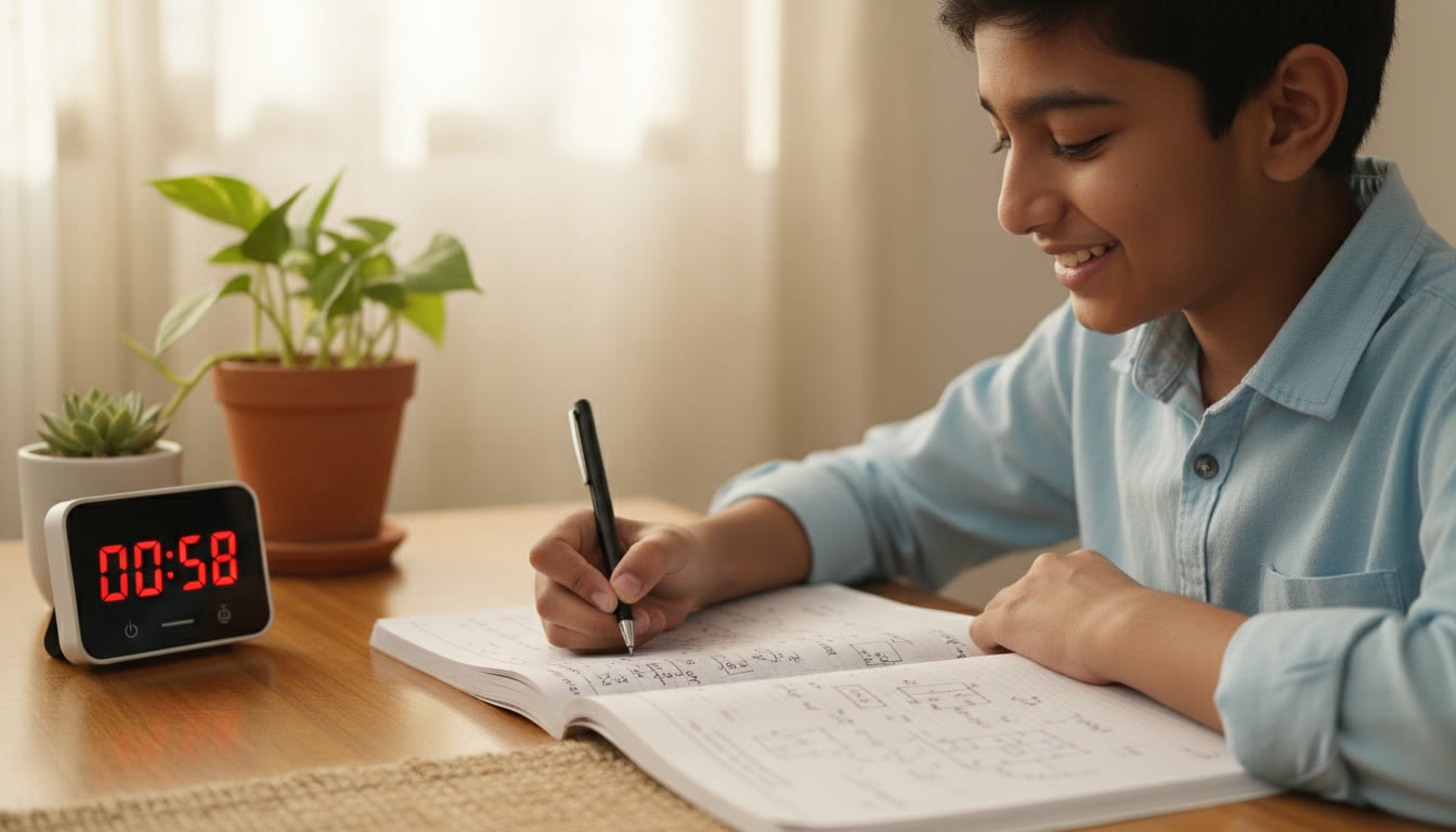 Photo Idea : Close-up of a student annotating a problem with shortcut notes and a timer visible