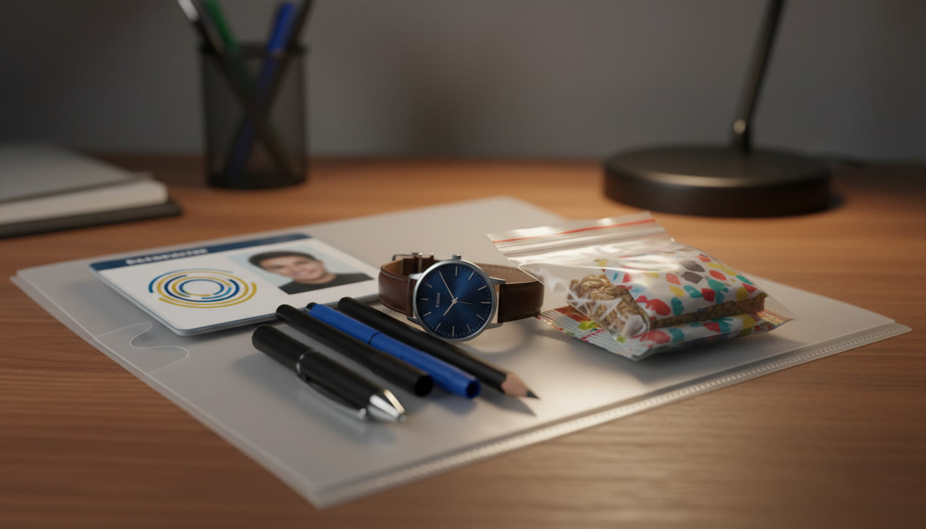 Photo Idea : Close-up of a packed exam folder with ID, pens, a watch and a small packed snack