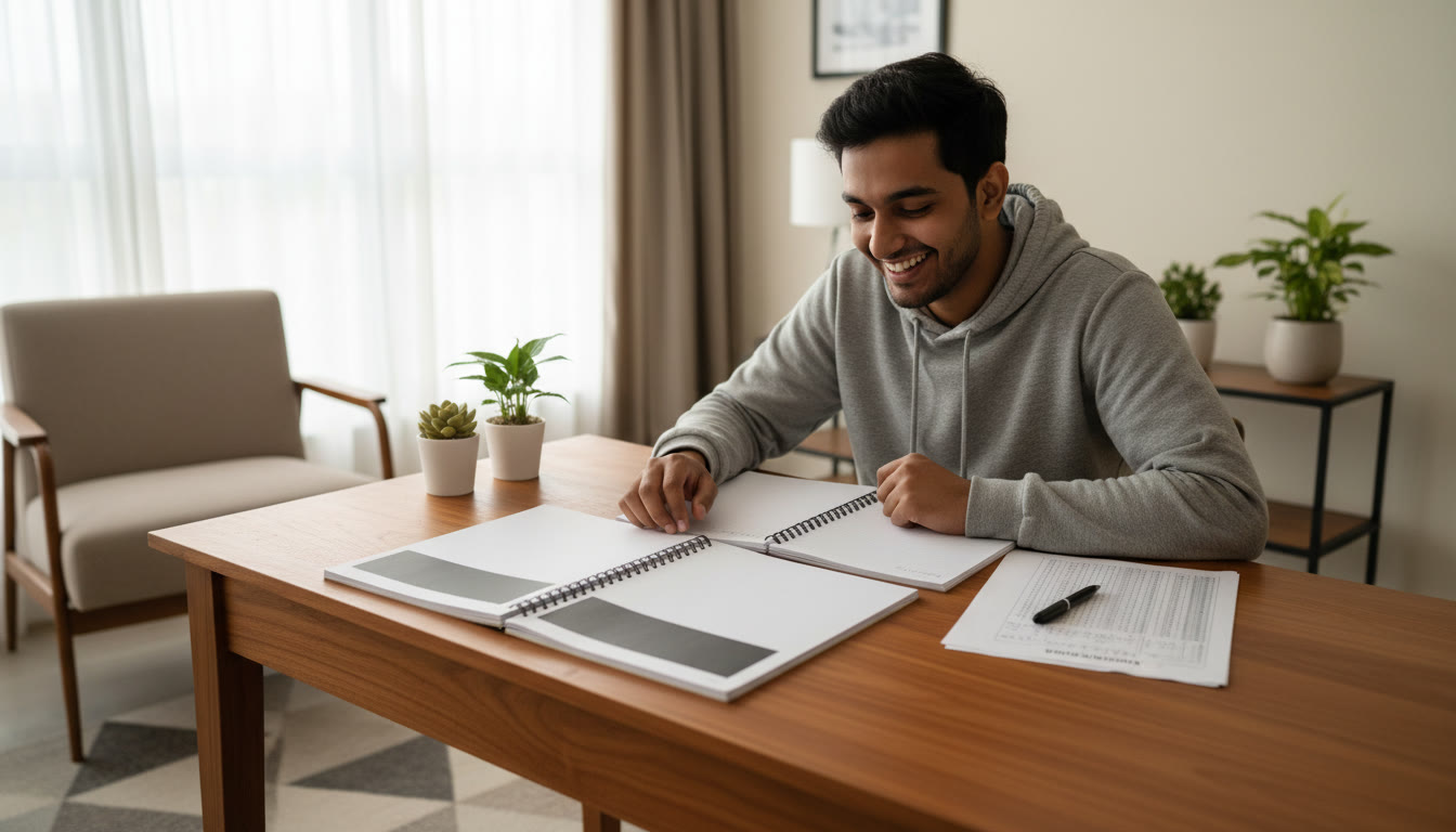Photo Idea : Student at a study desk comparing two open notebooks labeled