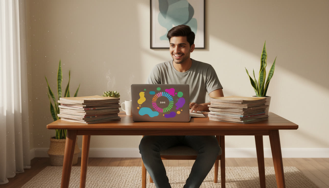 Photo Idea : Student at a study desk with PYQ booklets and a laptop showing a mock test countdown timer
