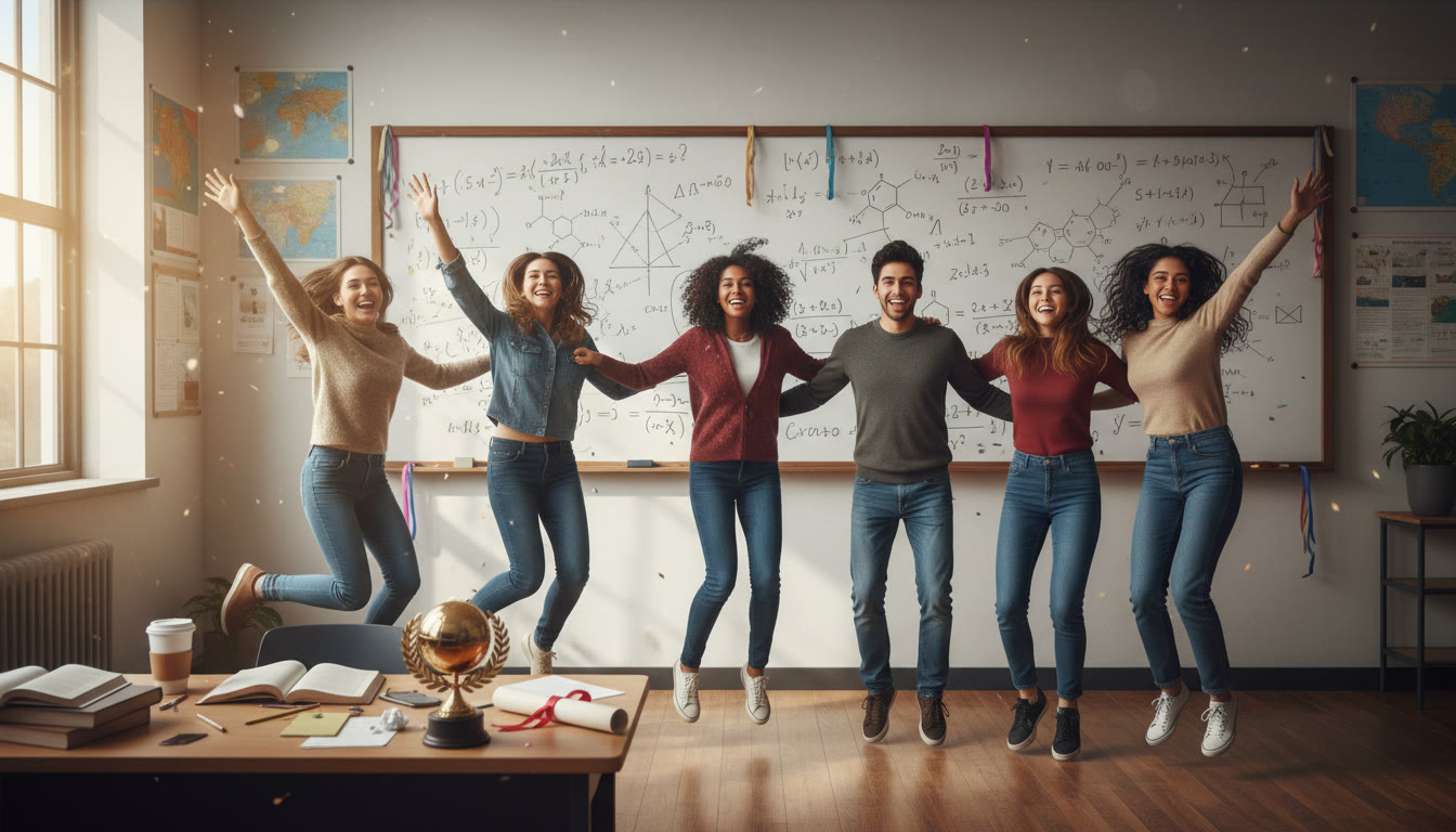 Photo Idea : A group of students celebrating with a whiteboard full of solved problems and a small trophy or certificate visible