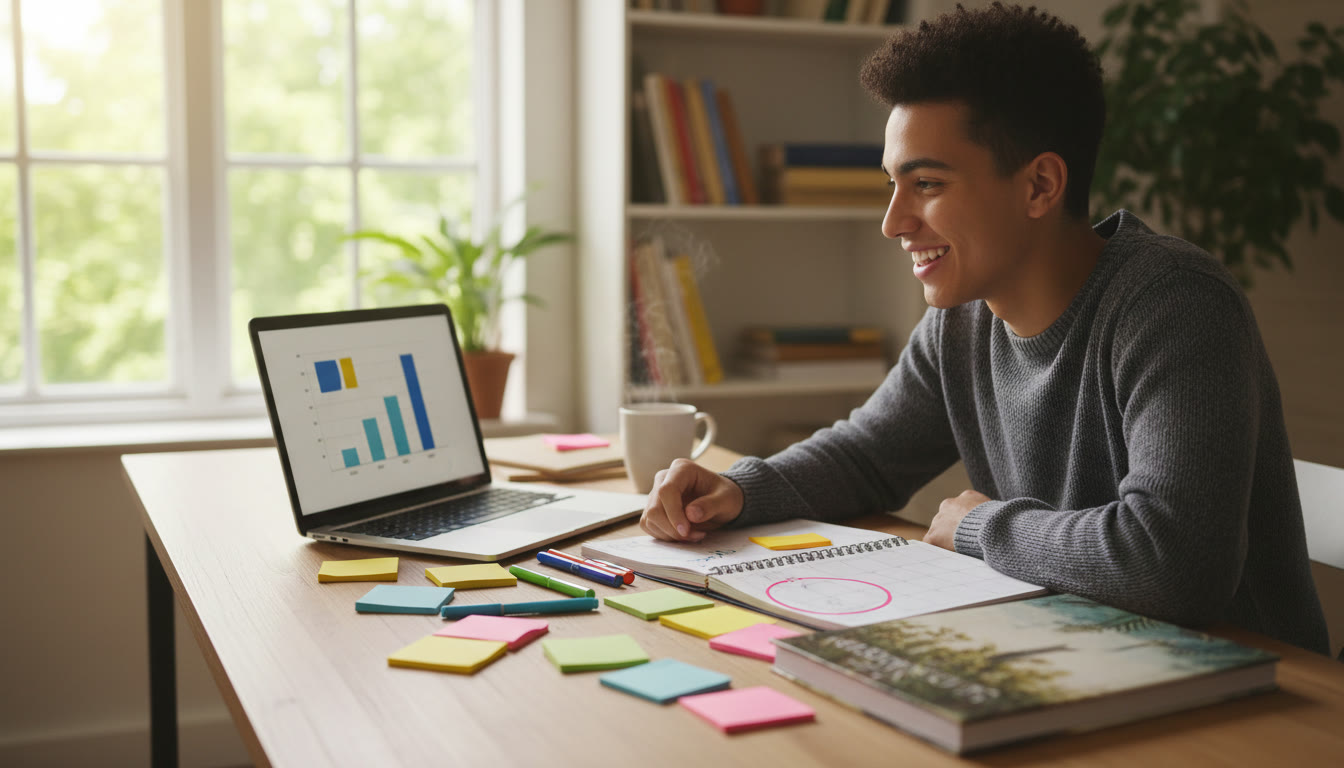 Photo Idea : Student at a desk with colorful notes, laptop, and a calendar with the ninth month circled