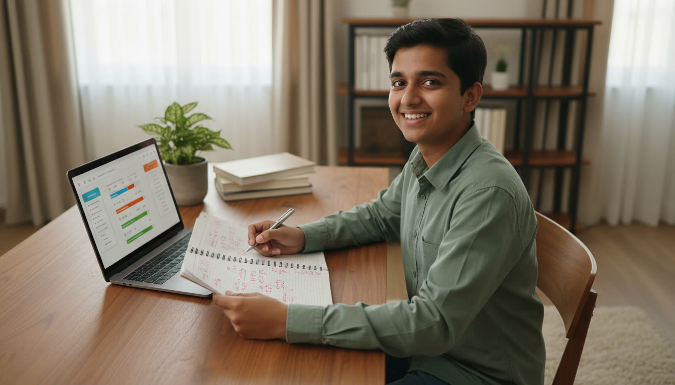 Photo Idea : A student reviewing an error log notebook next to a laptop displaying a timed mock test