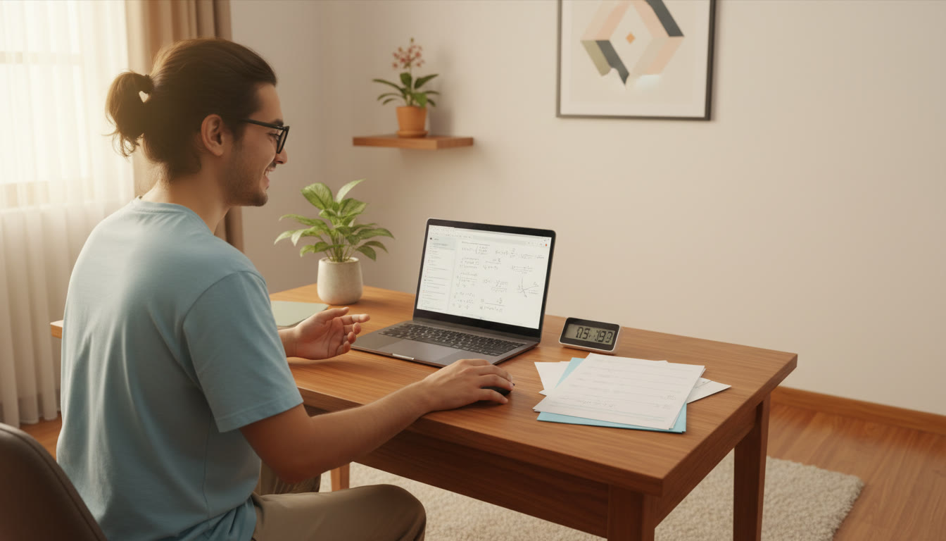 Photo Idea : A student timing a full-length mock test on a laptop, with answer sheets and a timer beside them