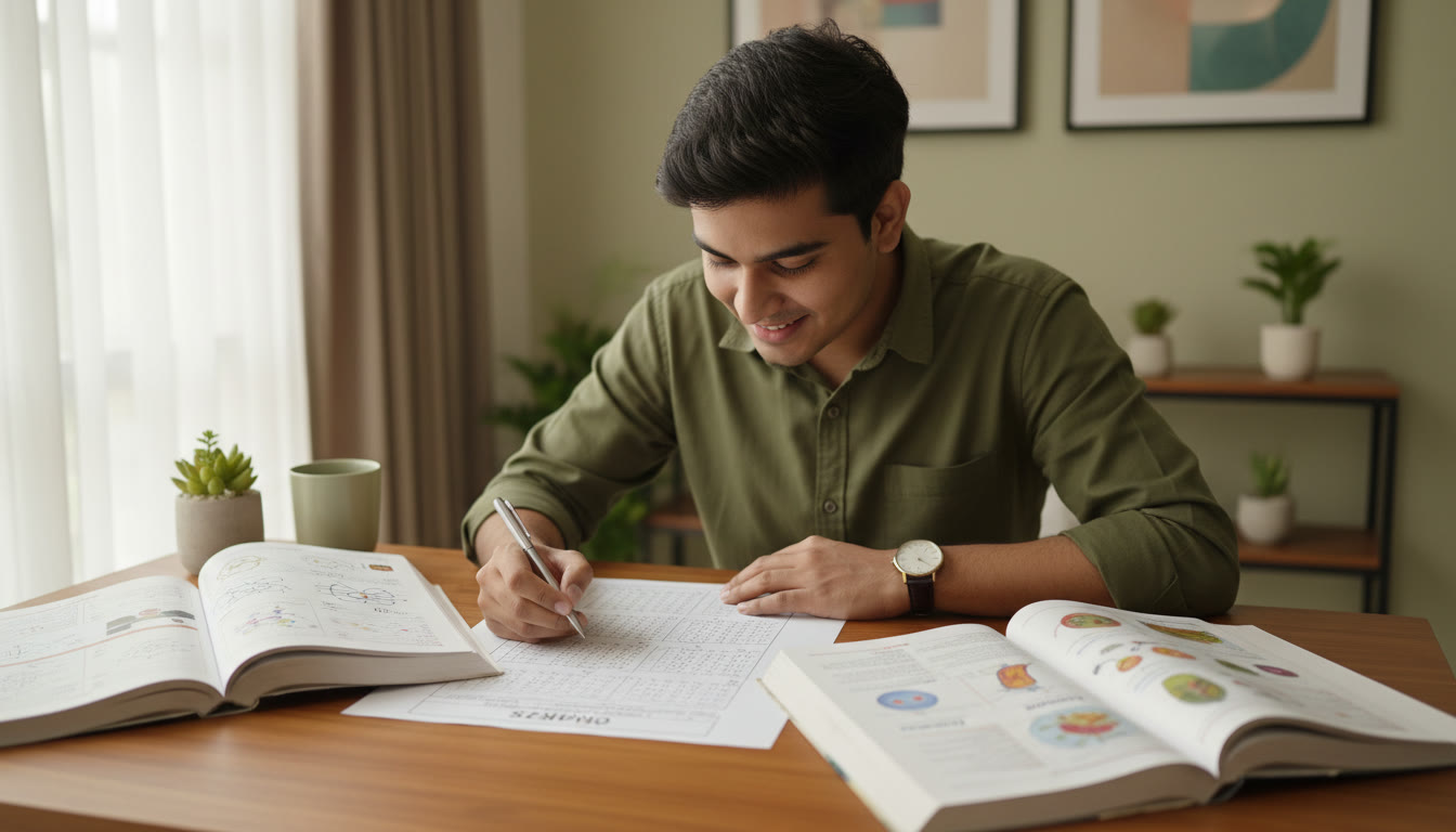 Photo Idea : A focused student at a study table surrounded by Physics, Chemistry, and Biology books with a mock OMR sheet and a watch.