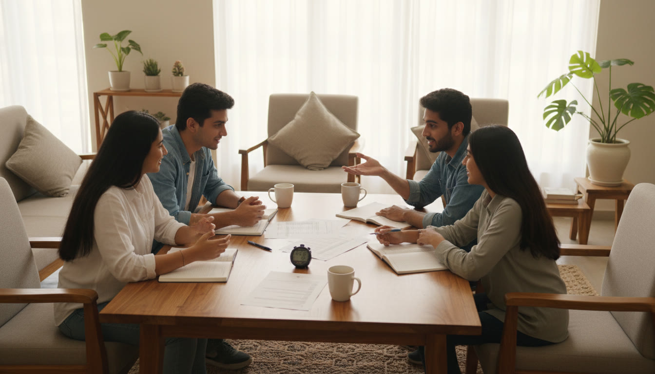 Photo Idea : Group of students discussing a mock test on a table with notebooks and a stopwatch visible
