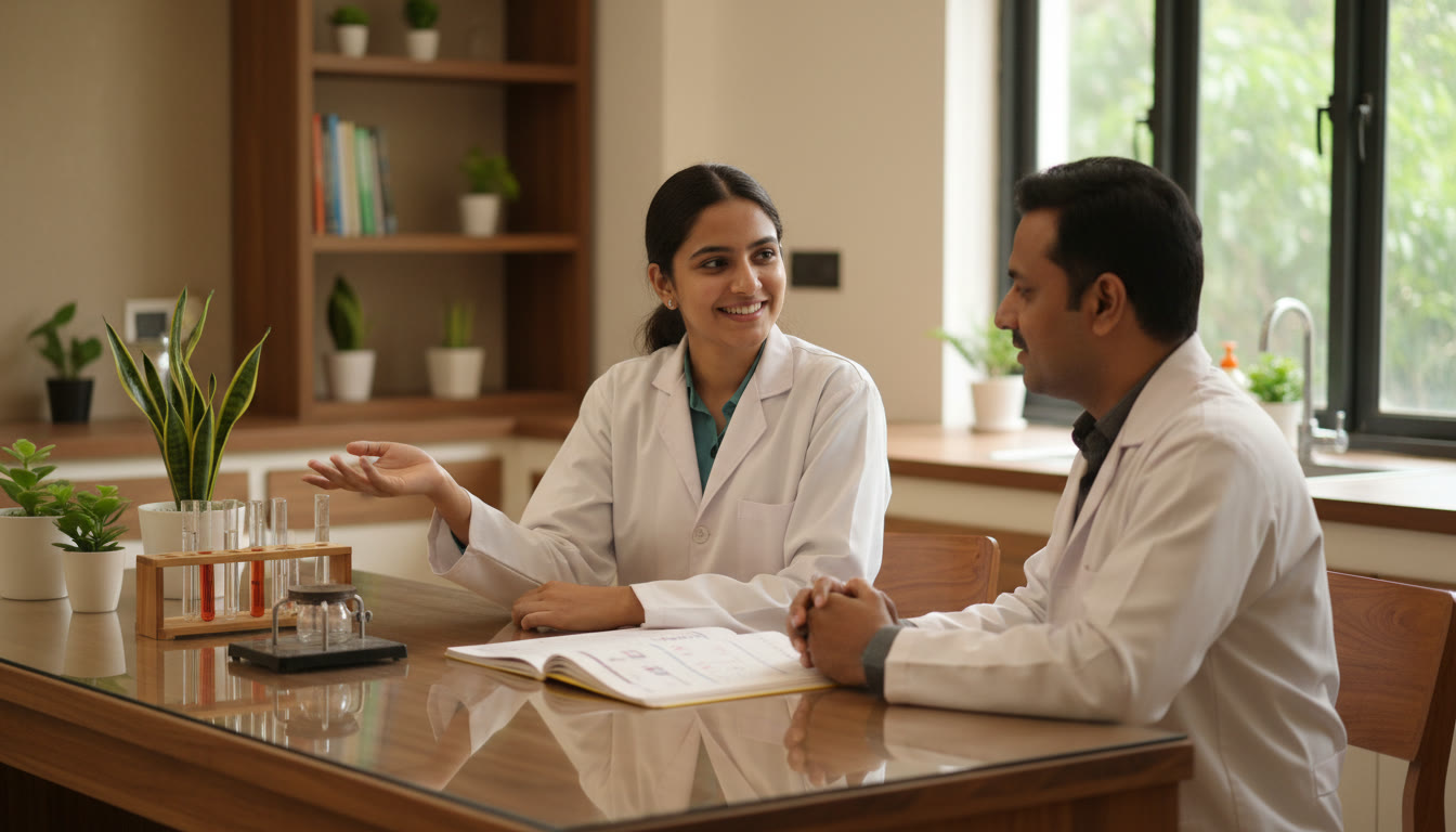 Photo Idea : student confidently explaining an experiment to an examiner with a neat lab record open on the bench