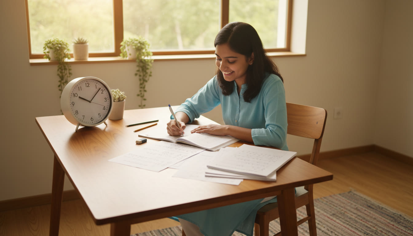 Photo Idea : Student at a desk taking a timed full-length mock test with a visible clock and scratch paper