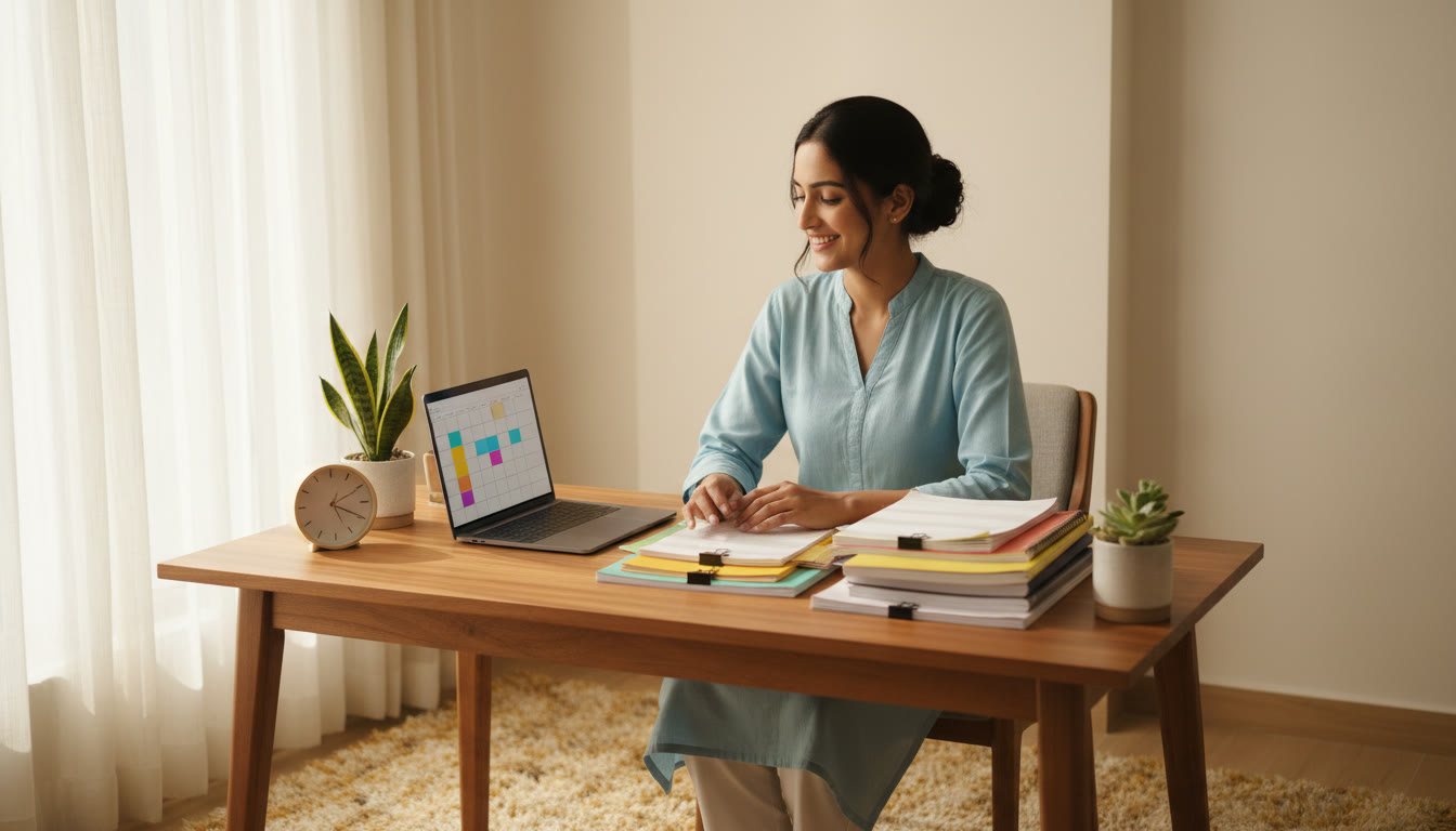 Photo Idea : A focused student at a tidy desk surrounded by neatly organized notes, a clock, and a laptop showing a study schedule