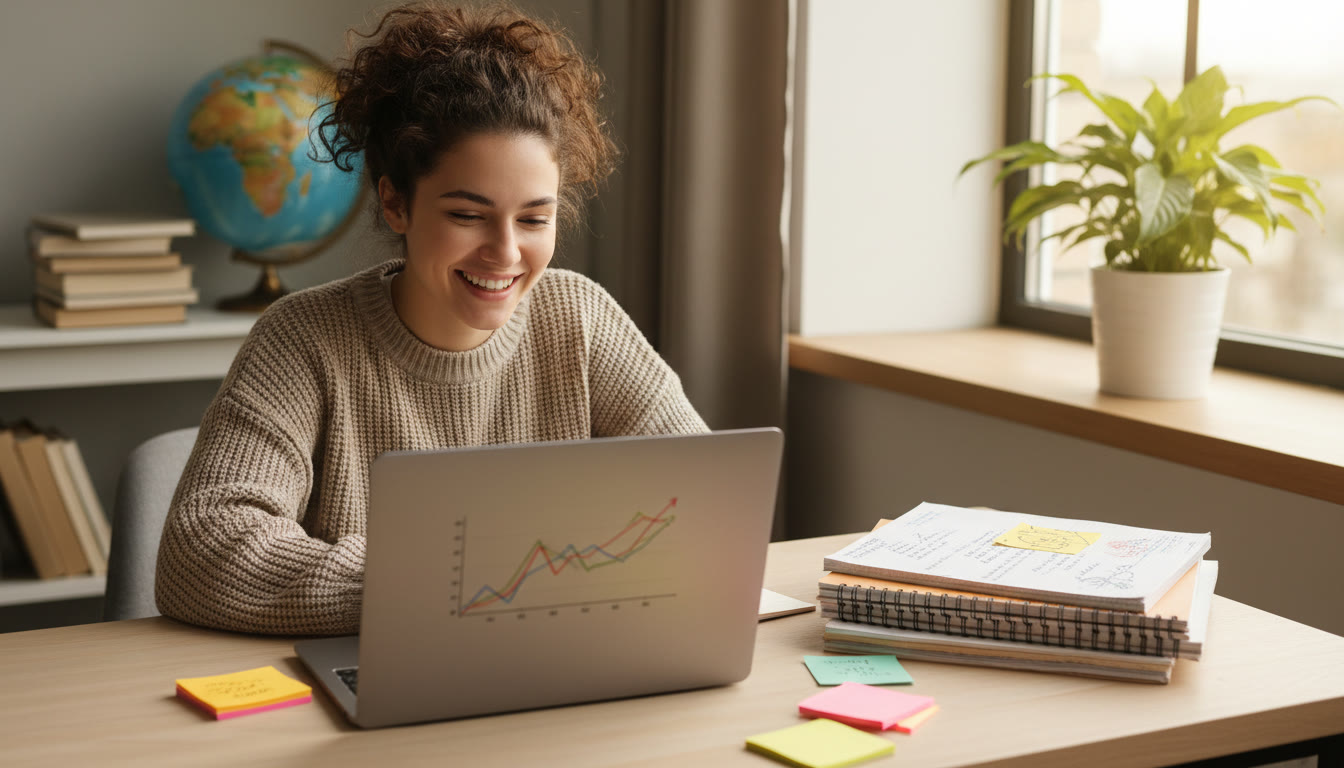 Photo Idea : Student at a tidy desk with laptop and notebooks, sticky notes labeled 