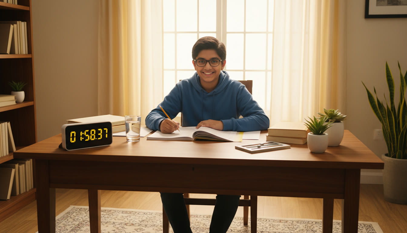 Photo Idea : Student at a tidy desk practicing a full-length mock test under timed conditions, desktop timer visible