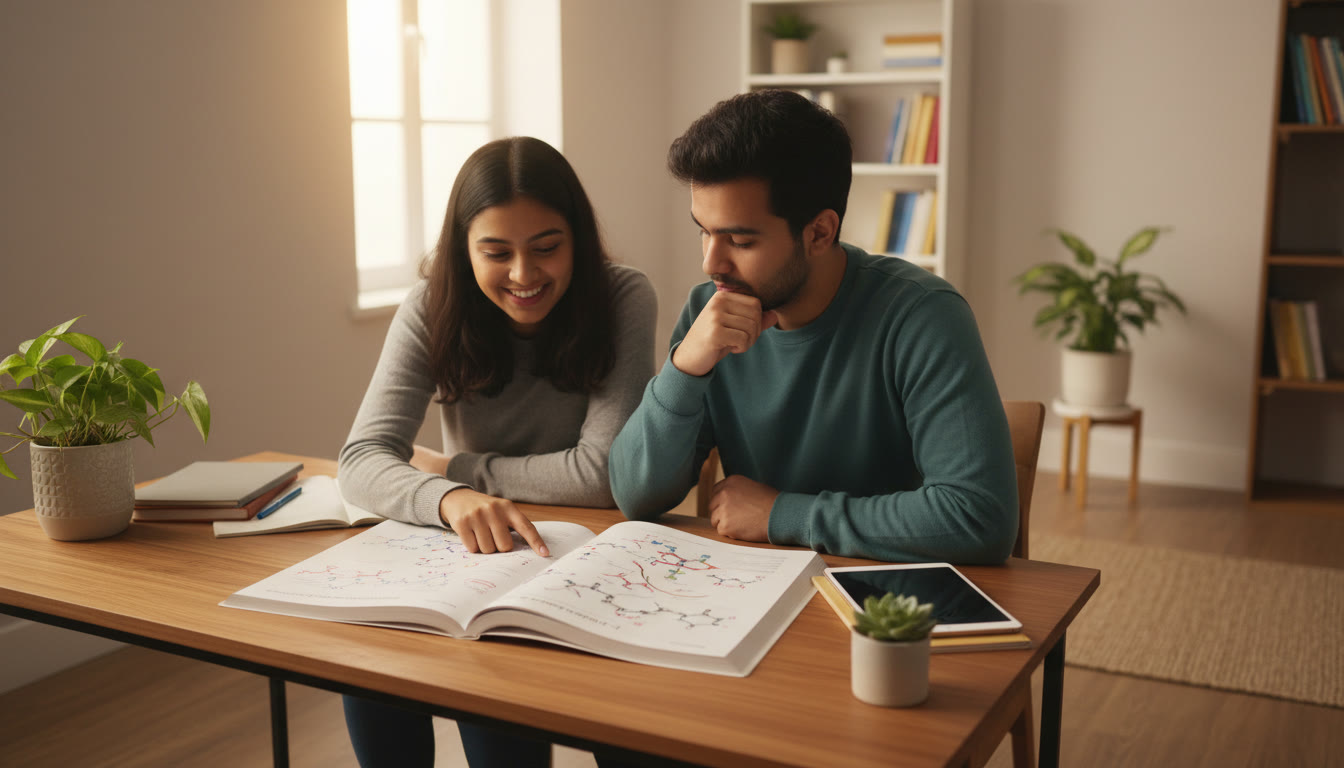 Photo Idea : Two students studying together with a chemistry book open, one pointing at a molecular mechanism diagram
