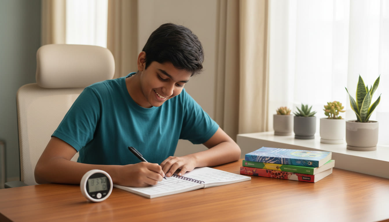 Photo Idea : A focused student at a desk writing a neat timetable on a notebook with a timer and textbooks for Physics, Chemistry, and Mathematics