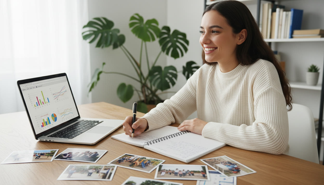 Photo Idea : A student writing reflective notes beside a laptop and printed photos of a community project