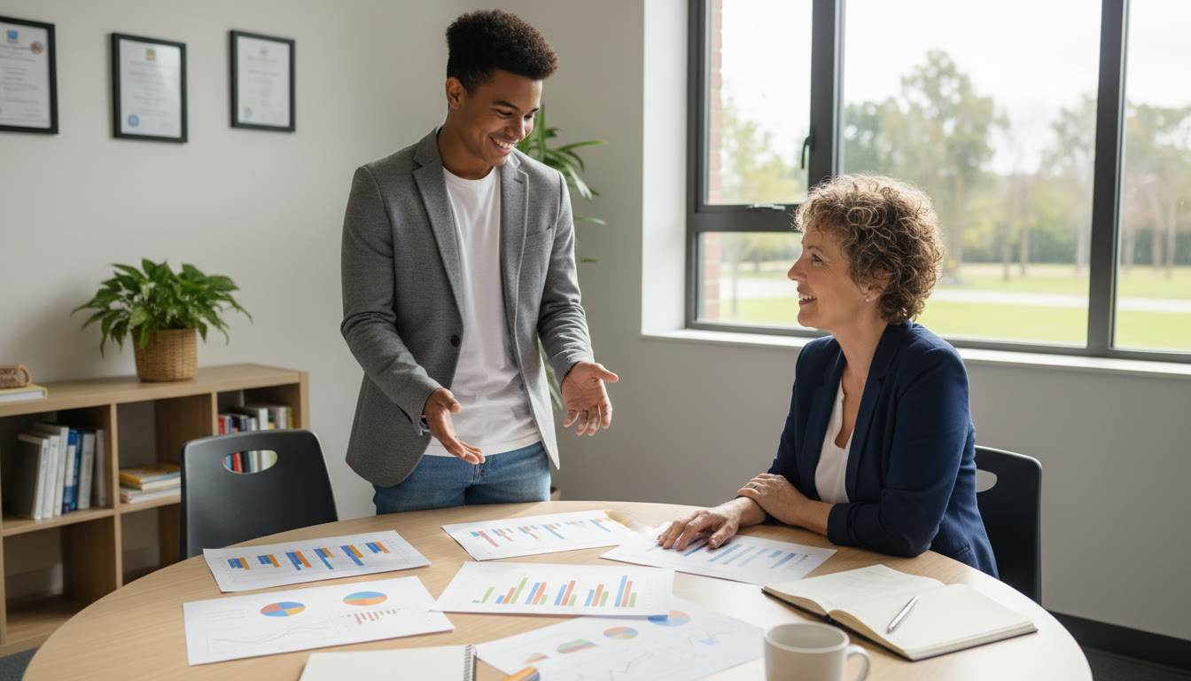Photo Idea : Student presenting a small project to a school counsellor with printed charts on the table