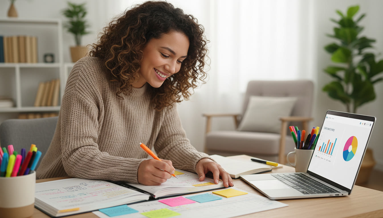 Photo Idea : Student leaning over an open planner with sticky notes, a laptop showing mock results, and colorful pens.