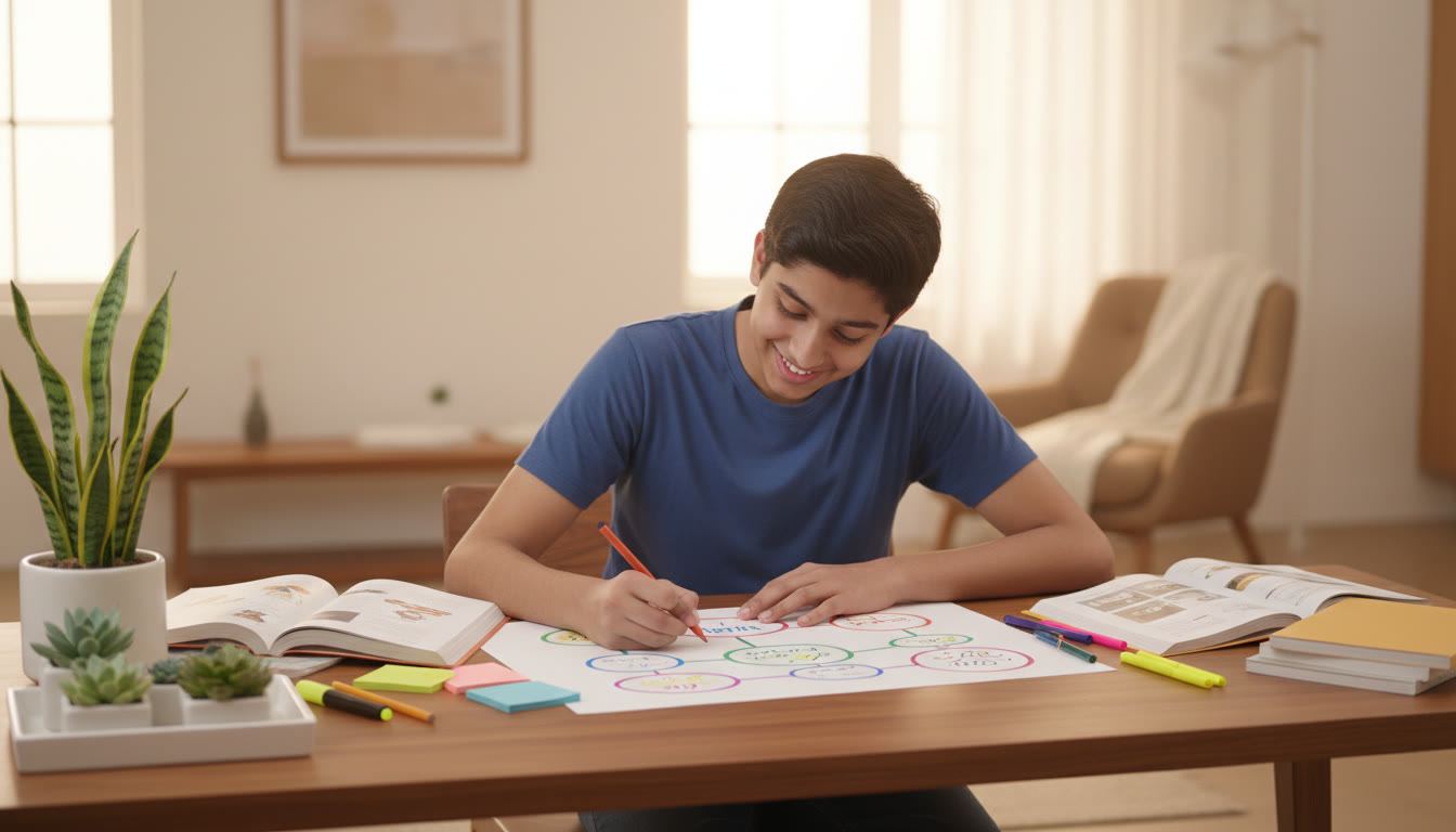 Photo Idea : A focused student at a desk creating a colorful concept map with textbooks and sticky notes