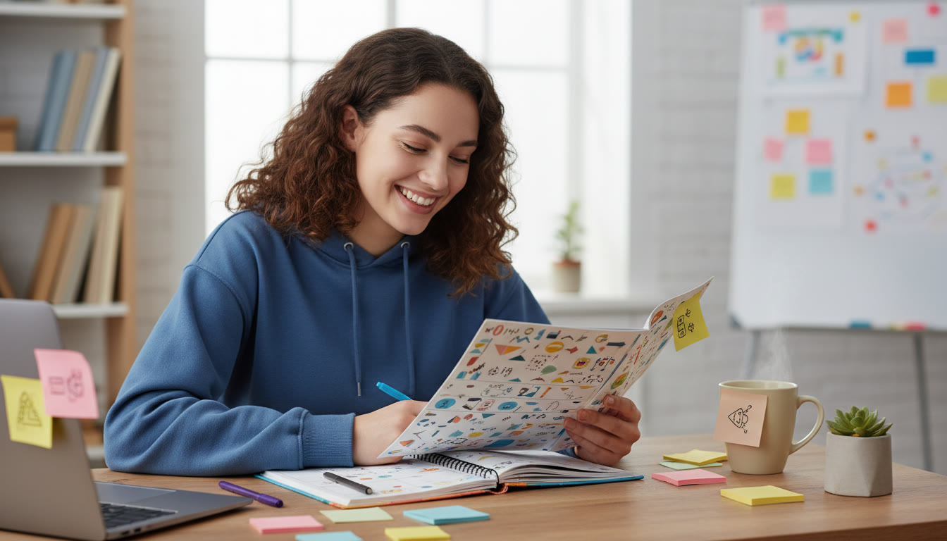 Photo Idea : Student at a desk with a colorful 24-month planner, sticky notes, and a laptop
