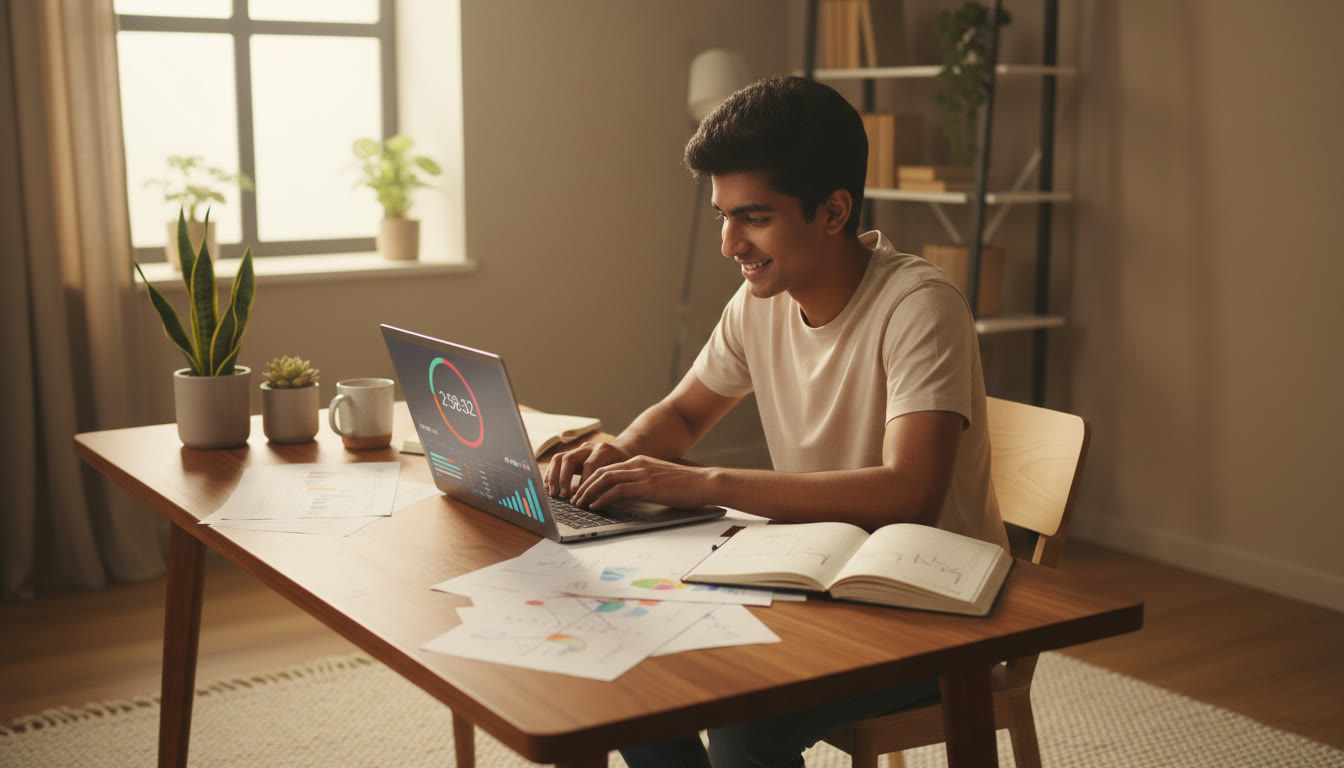 Photo Idea : Student at a tidy desk taking a timed 3-hour mock test on a laptop, a visible countdown timer and scattered notes