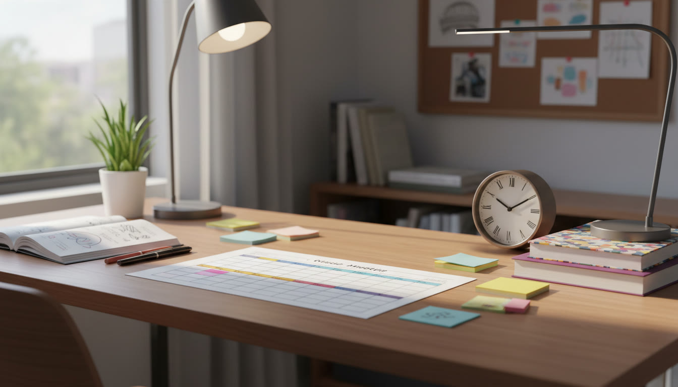 Photo Idea : A tidy study desk with a printed timetable, sticky notes, and a clock