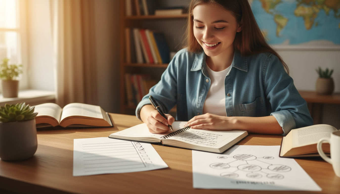 Photo Idea : Student writing an essay in French with a visible checklist and a neat paragraph plan on the desk