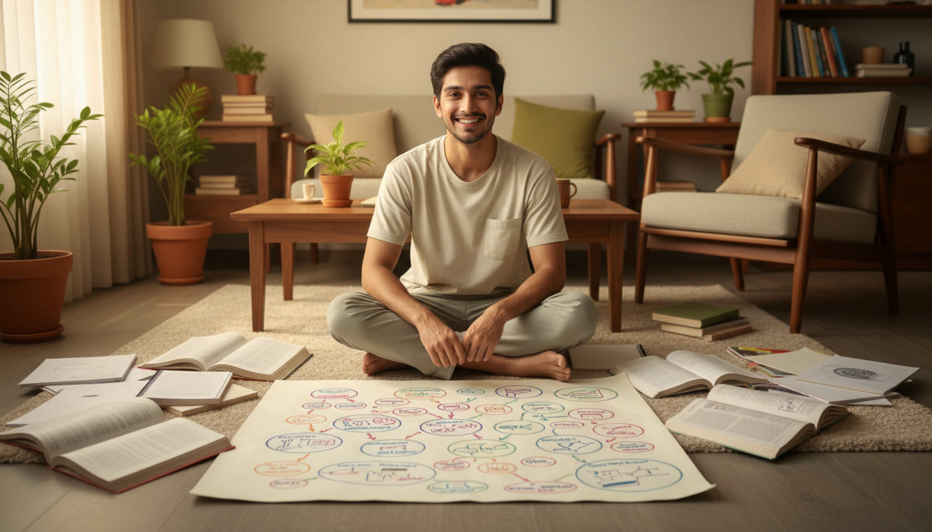 Photo Idea : Student surrounded by NEET notes, highlighting a concept map on paper