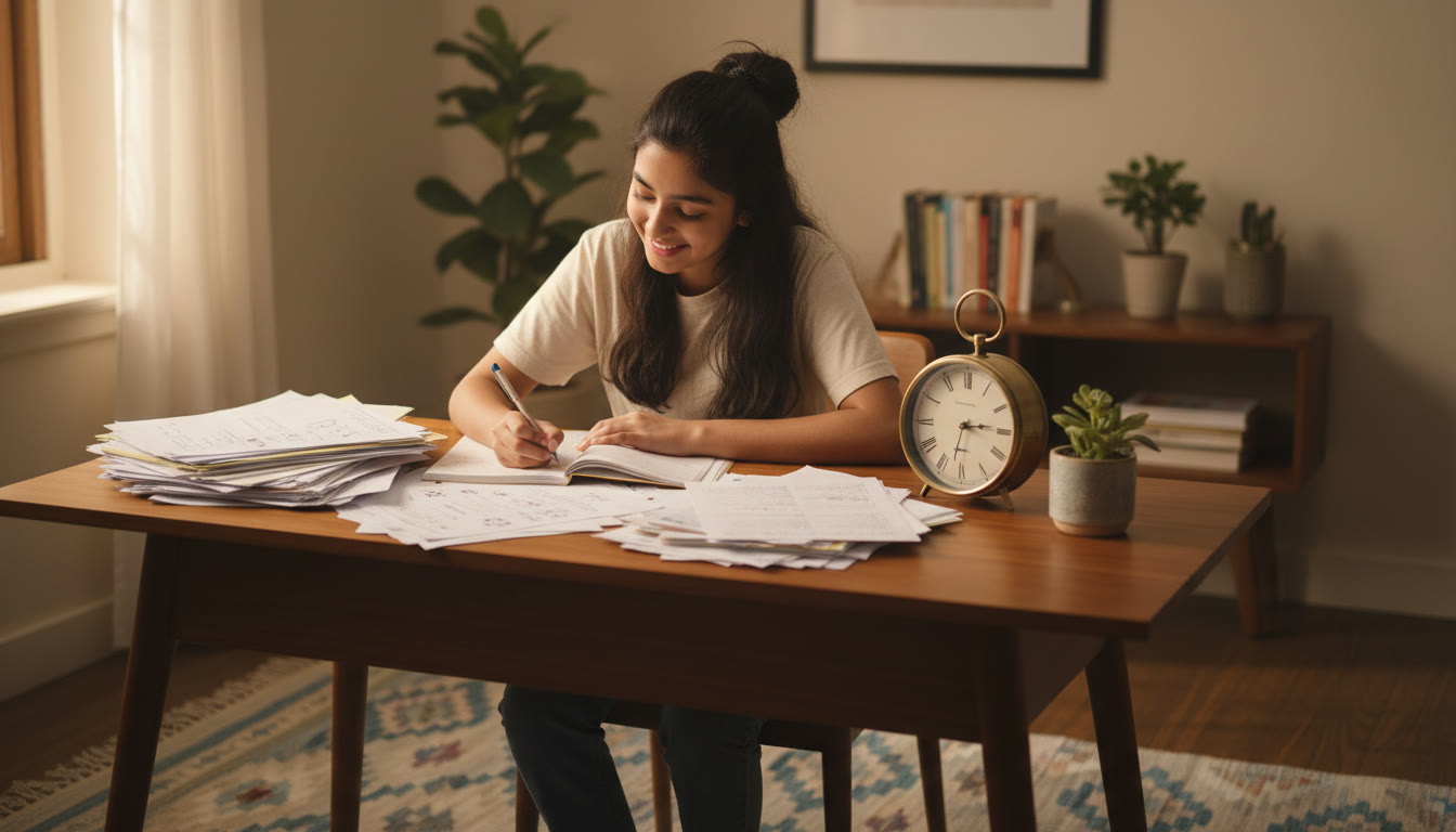 Photo Idea : A focused student at a desk with an open notebook, past papers, and a clock showing study time