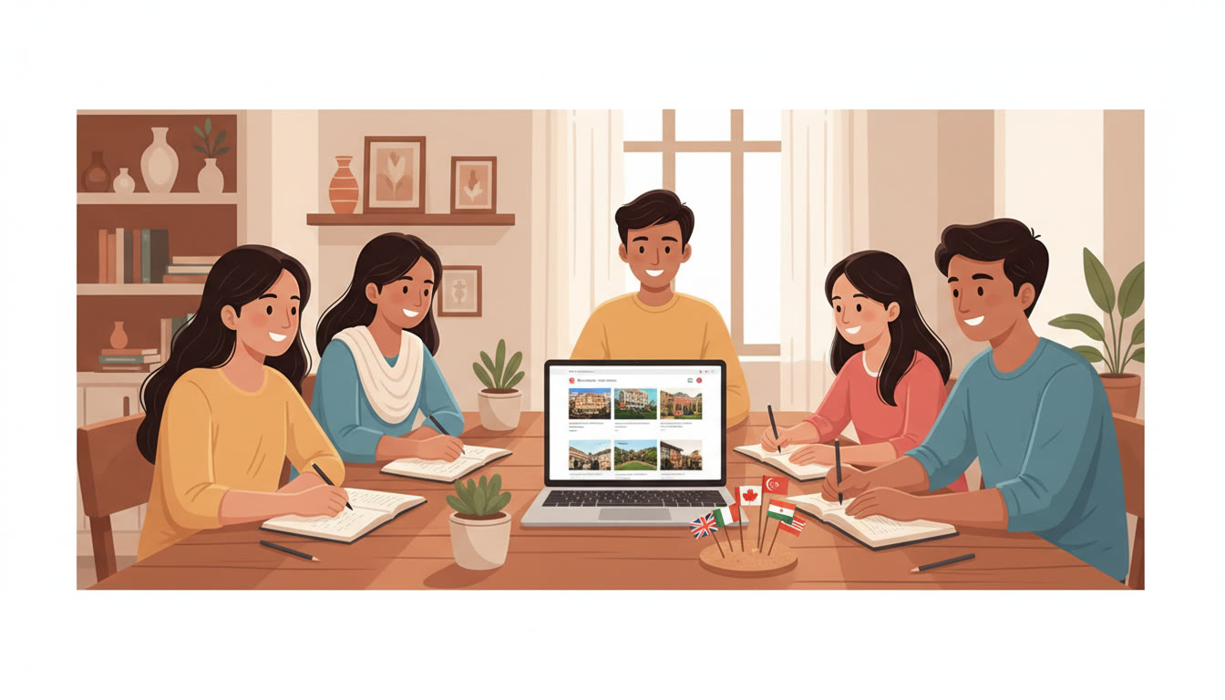 Photo Idea : A group of diverse students studying at a long table with notebooks, a laptop displaying university websites, and small flag pins from different countries