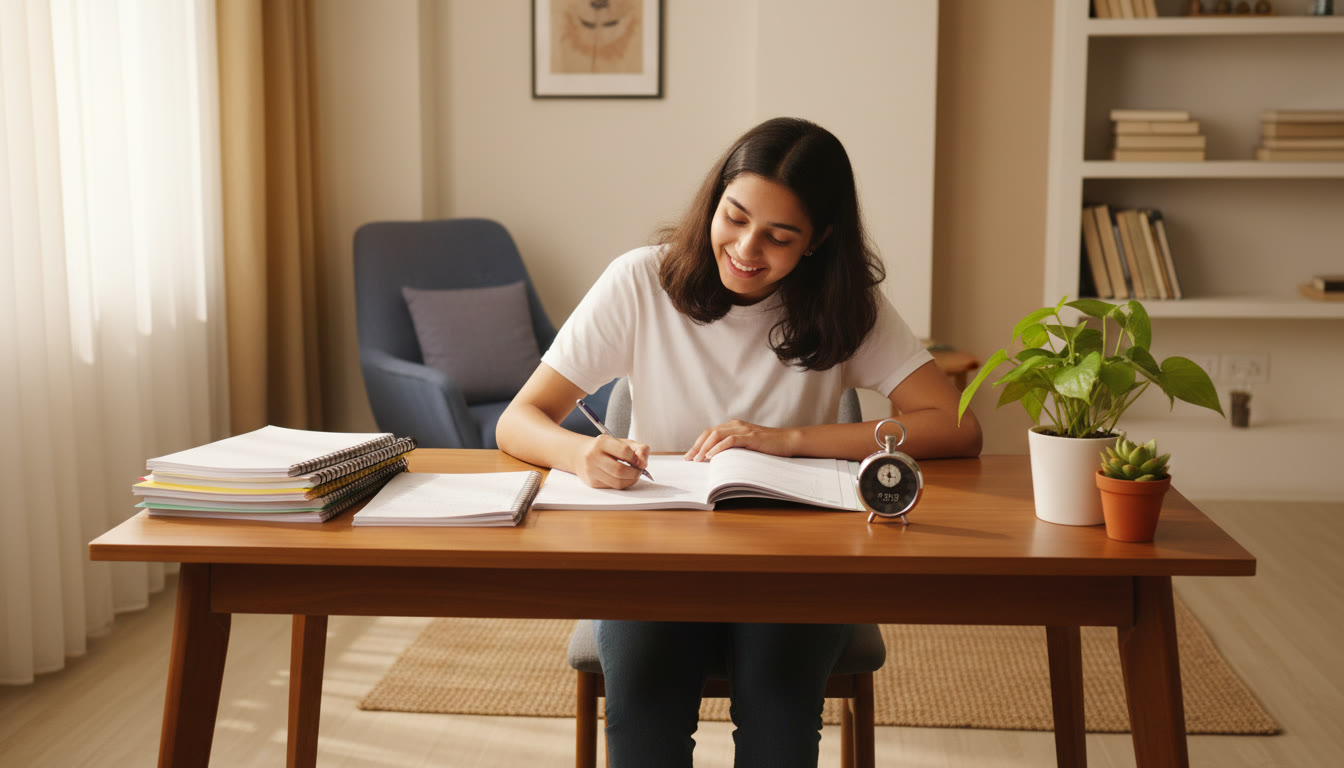 Photo Idea : student solving a full-length CBSE sample paper at a desk with a stopwatch and neatly organized notes