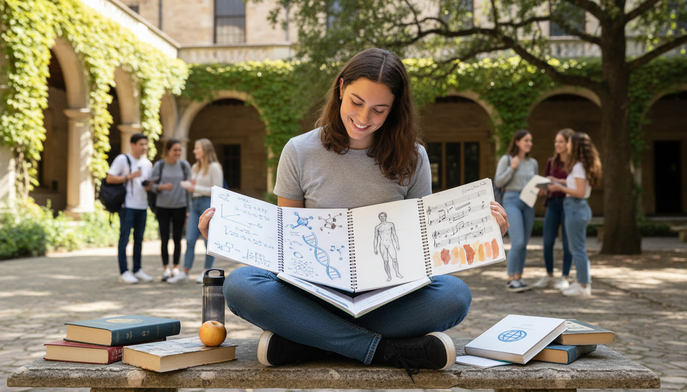 Photo Idea : A thoughtful IB student sitting in a school courtyard with textbooks spread out, looking at two open notebooks that show science notes on one side and arts notes on the other